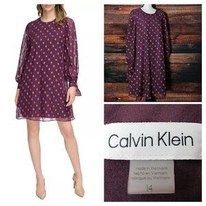Calvin Klein Shift Dress Size 14 Tie Cuff Sheer Balloon Sleeve Purple Plum